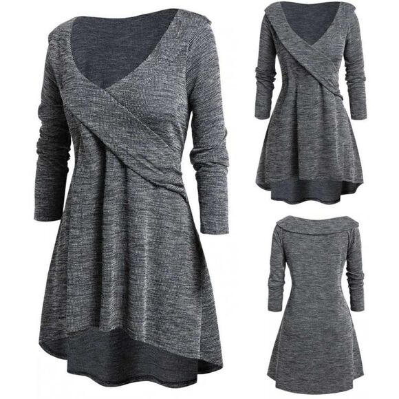 Rose Gal Long Sleeve V-Neck Tunic High Low Plunging Neck Sweater - Picture 1 of 8